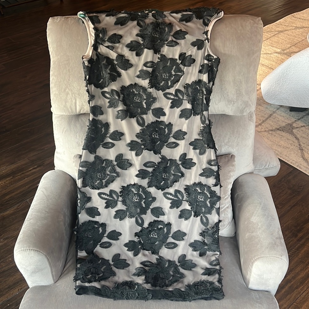 Dinner dress. Black embroidered lace over a cream colored built in lining.